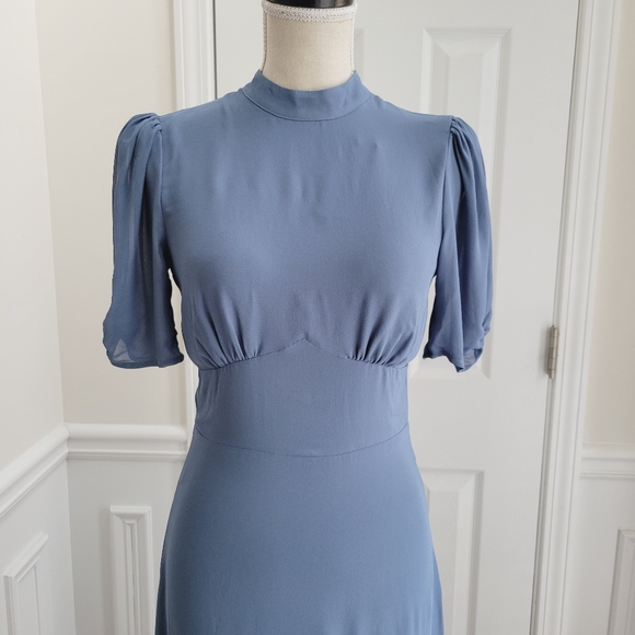 Reformation Dusk Dress Morning Glory Blue Backless Puff Sleeve Midi Wedding - Picture 3 of 16